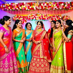 A vibrant scene featuring a group of Indian bridesmaids dressed in colorful traditional attire, including lehengas and sarees adorned with intricate embroidery and embellishments