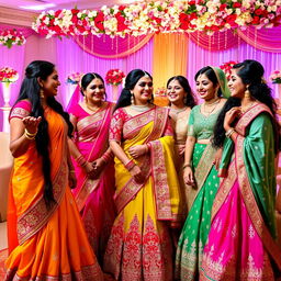 A vibrant scene featuring a group of Indian bridesmaids dressed in colorful traditional attire, including lehengas and sarees adorned with intricate embroidery and embellishments