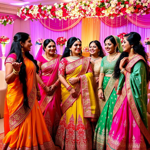 A vibrant scene featuring a group of Indian bridesmaids dressed in colorful traditional attire, including lehengas and sarees adorned with intricate embroidery and embellishments