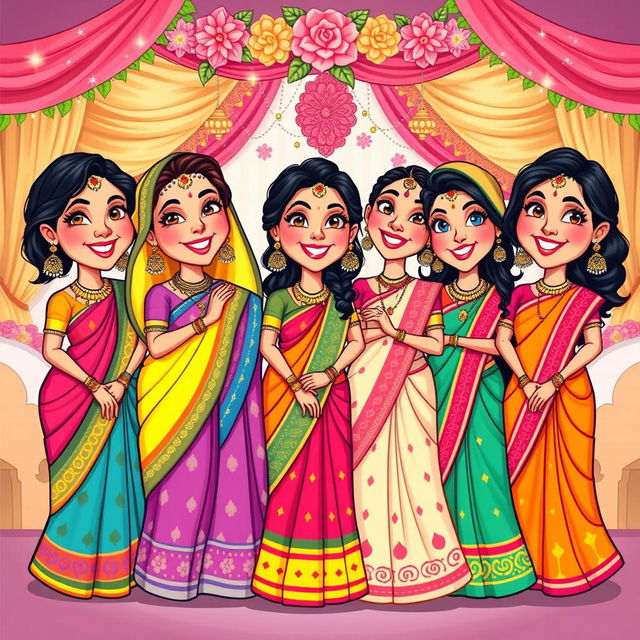 A colorful and whimsical cartoon depiction of Indian bridesmaids, each dressed in a variety of vibrant traditional outfits such as lehengas and sarees, featuring playful patterns and bright colors