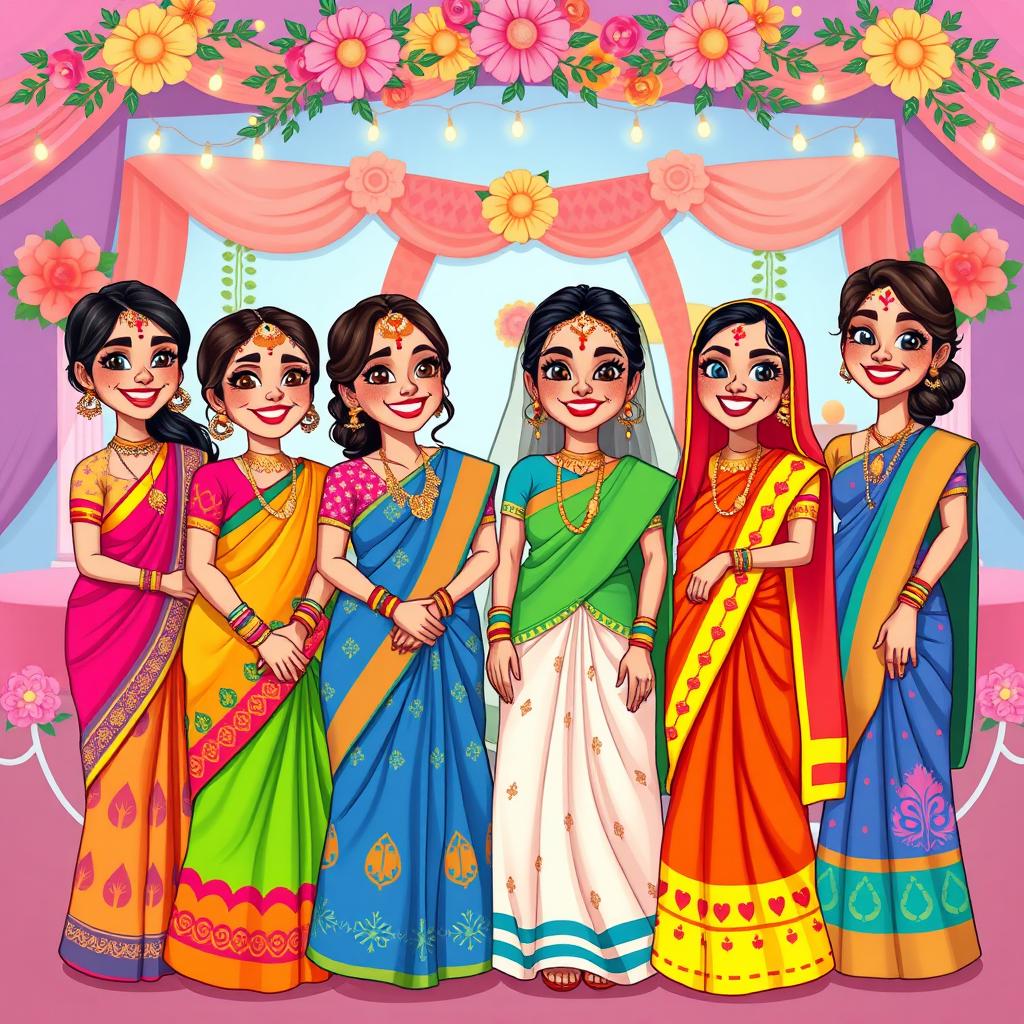 A colorful and whimsical cartoon depiction of Indian bridesmaids, each dressed in a variety of vibrant traditional outfits such as lehengas and sarees, featuring playful patterns and bright colors