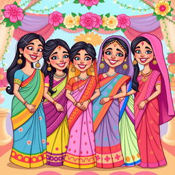 A colorful and whimsical cartoon depiction of Indian bridesmaids, each dressed in a variety of vibrant traditional outfits such as lehengas and sarees, featuring playful patterns and bright colors