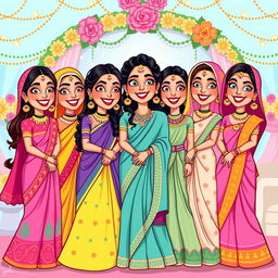 A colorful and whimsical cartoon depiction of Indian bridesmaids, each dressed in a variety of vibrant traditional outfits such as lehengas and sarees, featuring playful patterns and bright colors
