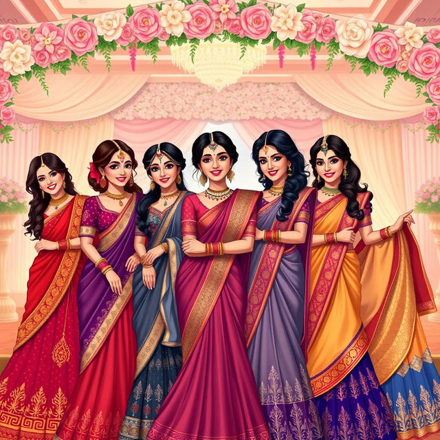 An artistic illustration of Indian bridesmaids showcasing a diverse group dressed in stunning traditional attire, including elegantly designed lehengas and sarees in a variety of rich colors such as red, purple, and gold