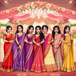 An artistic illustration of Indian bridesmaids showcasing a diverse group dressed in stunning traditional attire, including elegantly designed lehengas and sarees in a variety of rich colors such as red, purple, and gold