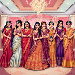 An artistic illustration of Indian bridesmaids showcasing a diverse group dressed in stunning traditional attire, including elegantly designed lehengas and sarees in a variety of rich colors such as red, purple, and gold