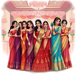 An artistic illustration of Indian bridesmaids showcasing a diverse group dressed in stunning traditional attire, including elegantly designed lehengas and sarees in a variety of rich colors such as red, purple, and gold
