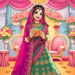 An illustration of a joyful Indian bride dressed in a stunning traditional wedding outfit, including a richly embroidered lehenga in vibrant colors