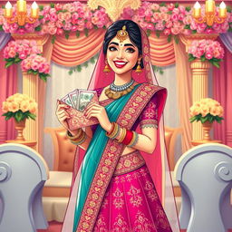 An illustration of a joyful Indian bride dressed in a stunning traditional wedding outfit, including a richly embroidered lehenga in vibrant colors