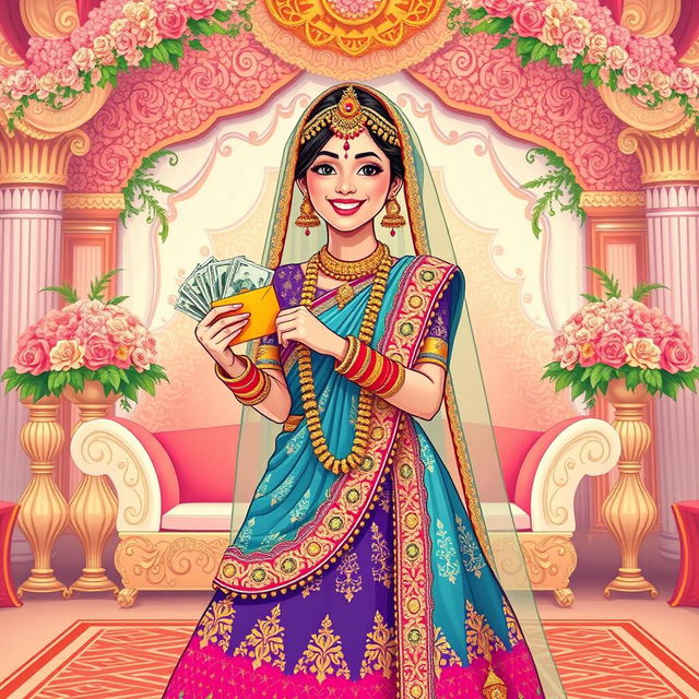 An illustration of a joyful Indian bride dressed in a stunning traditional wedding outfit, including a richly embroidered lehenga in vibrant colors