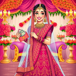 An illustration of a joyful Indian bride dressed in a stunning traditional wedding outfit, including a richly embroidered lehenga in vibrant colors