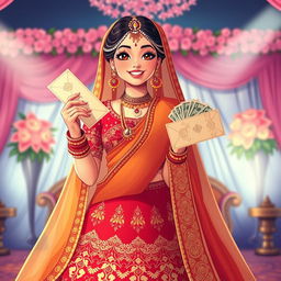 An enchanting illustration of an Indian bride dressed in a lavish wedding ensemble, featuring an intricately embroidered lehenga in rich, vibrant colors
