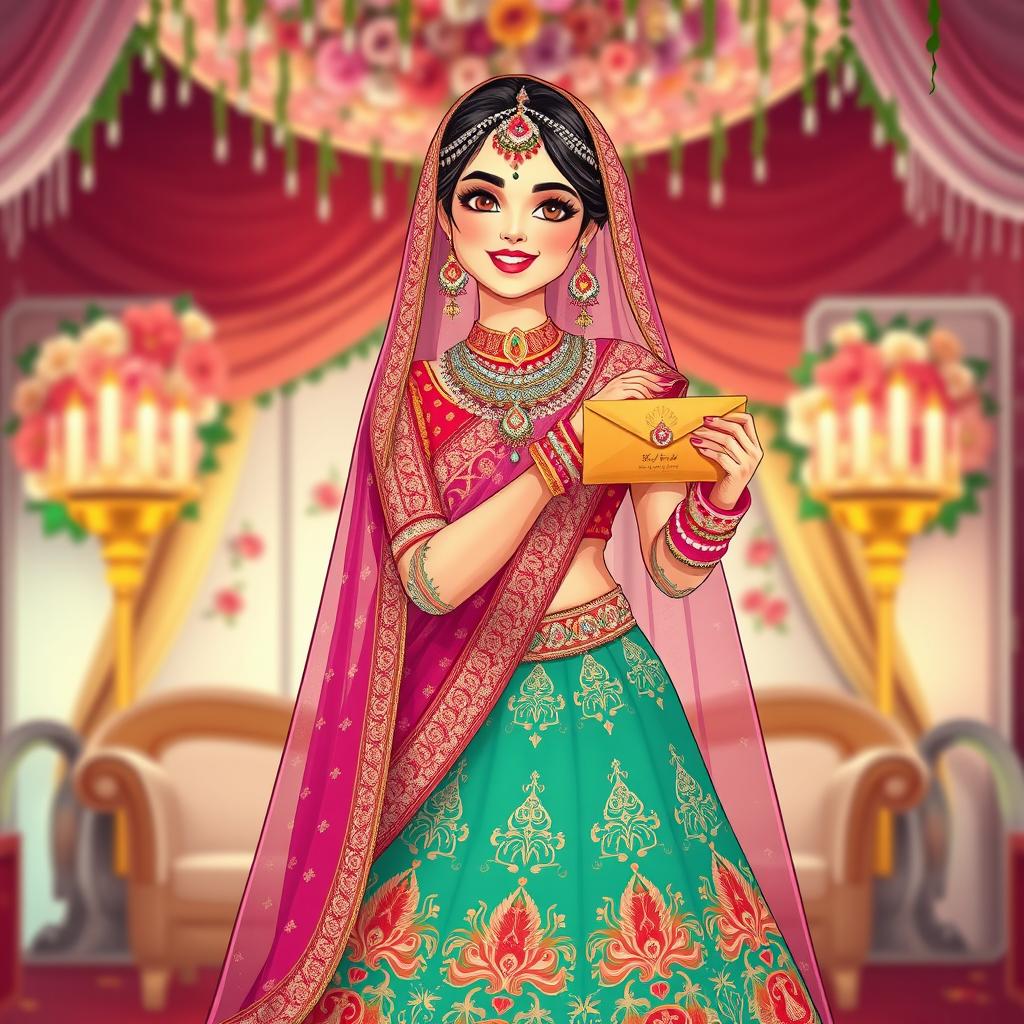 An enchanting illustration of an Indian bride dressed in a lavish wedding ensemble, featuring an intricately embroidered lehenga in rich, vibrant colors