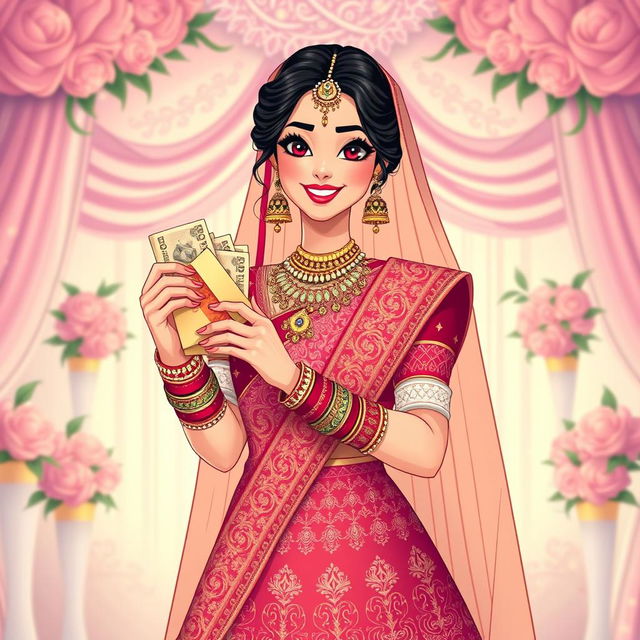 An enchanting illustration of an Indian bride dressed in a lavish wedding ensemble, featuring an intricately embroidered lehenga in rich, vibrant colors