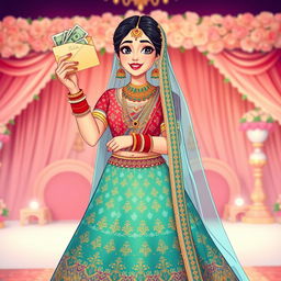 An enchanting illustration of an Indian bride dressed in a lavish wedding ensemble, featuring an intricately embroidered lehenga in rich, vibrant colors