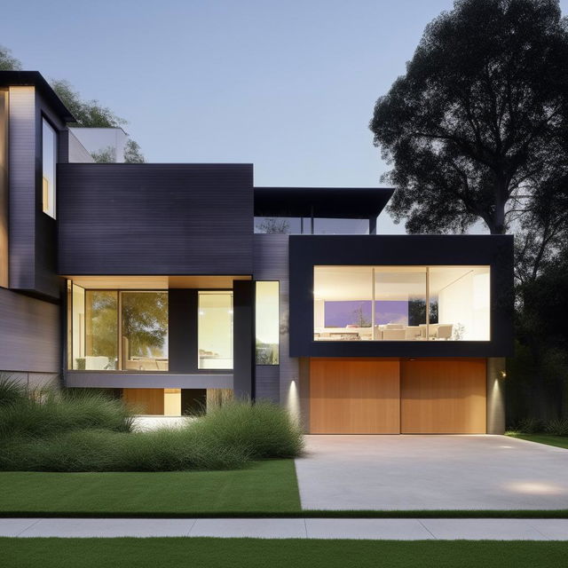 A modern designed house with clean, sleek lines, large glass windows, neutral color palette, spacious open plan layout, and a minimalistic landscaped garden.