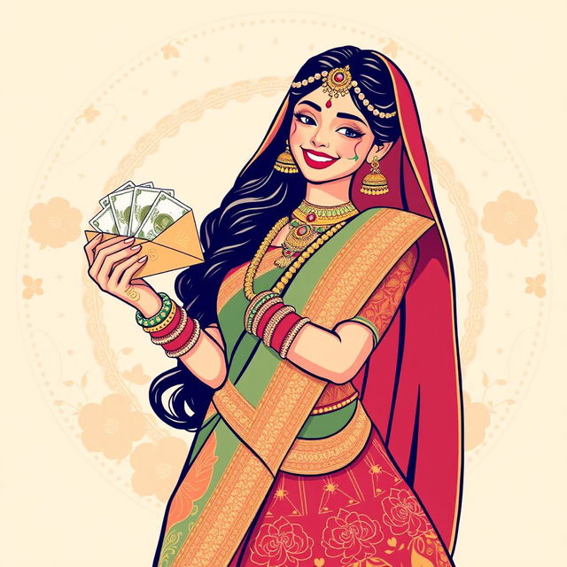 A stylish graphic illustration of an Indian bride, elegantly dressed in a traditional wedding outfit, featuring a richly detailed lehenga in vibrant colors