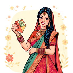 A stylish graphic illustration of an Indian bride, elegantly dressed in a traditional wedding outfit, featuring a richly detailed lehenga in vibrant colors