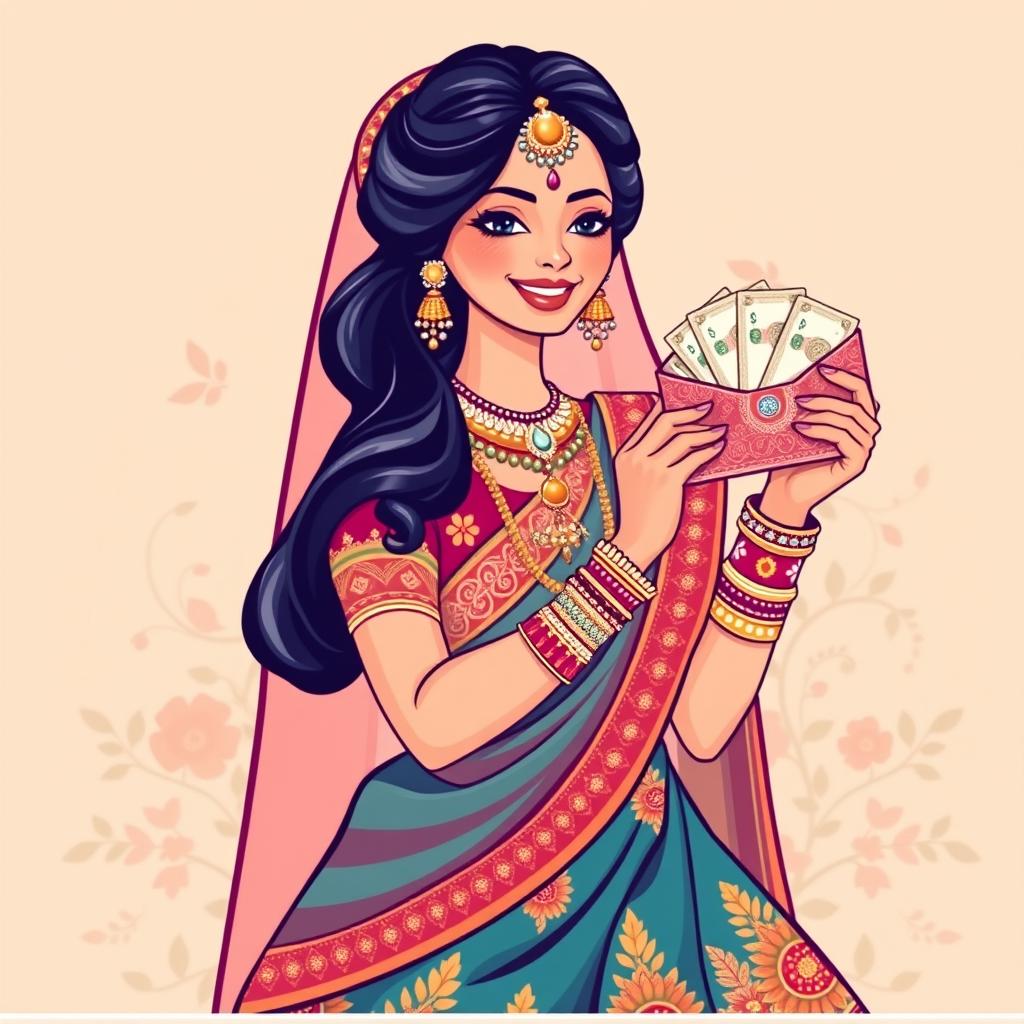 A stylish graphic illustration of an Indian bride, elegantly dressed in a traditional wedding outfit, featuring a richly detailed lehenga in vibrant colors