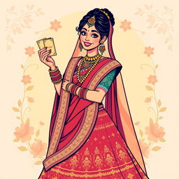 A stylish graphic illustration of an Indian bride, elegantly dressed in a traditional wedding outfit, featuring a richly detailed lehenga in vibrant colors