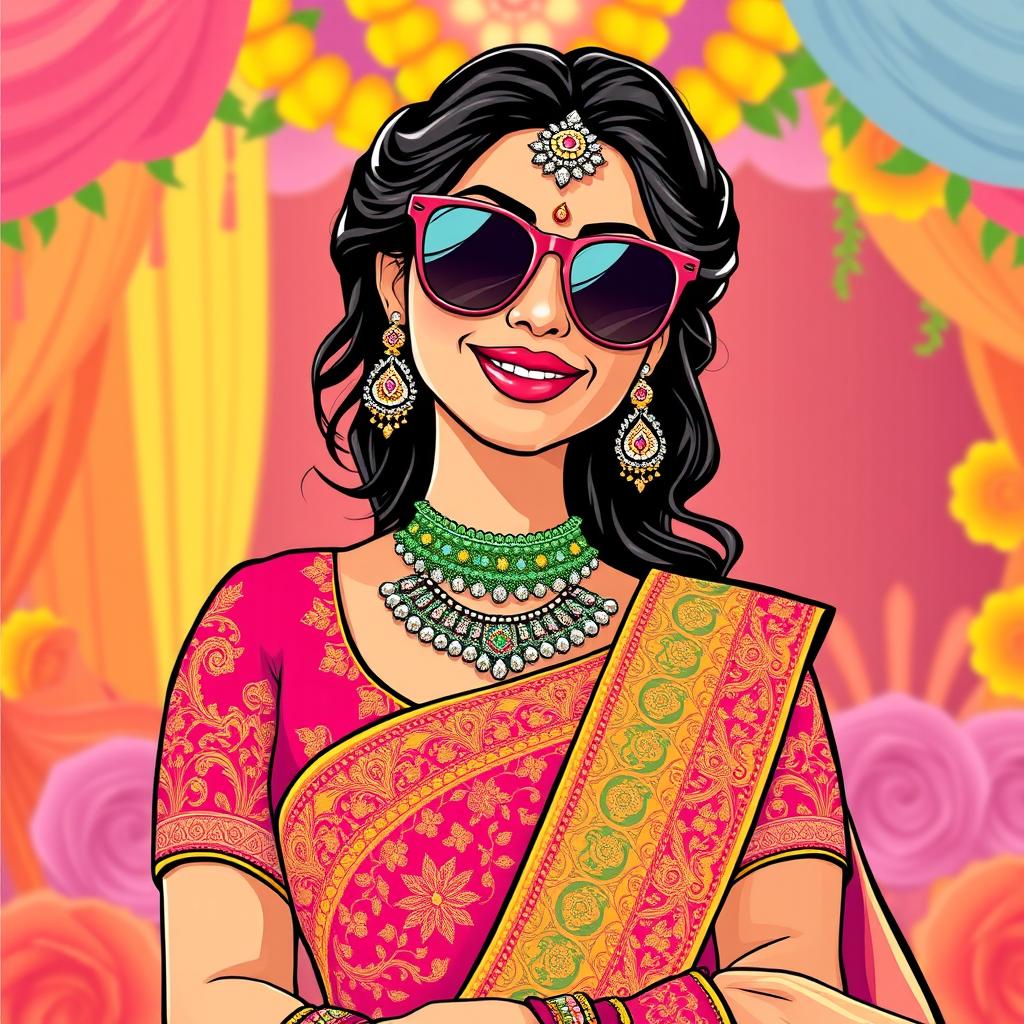 A stylish graphic illustration of an Indian bride wearing fashionable sunglasses, exuding confidence and charm