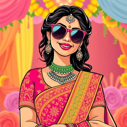 A stylish graphic illustration of an Indian bride wearing fashionable sunglasses, exuding confidence and charm