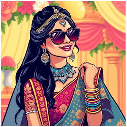 A stylish graphic illustration of an Indian bride wearing fashionable sunglasses, exuding confidence and charm