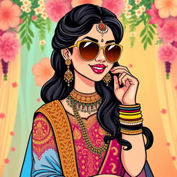 A stylish graphic illustration of an Indian bride wearing fashionable sunglasses, exuding confidence and charm