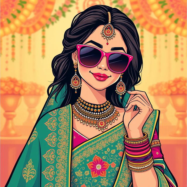 A stylish graphic illustration of an Indian bride wearing fashionable sunglasses, exuding confidence and charm