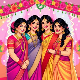 A vibrant graphic illustration depicting the sisters of the bride, dressed in colorful traditional outfits that complement the wedding theme