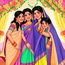 A vibrant graphic illustration depicting the sisters of the bride, dressed in colorful traditional outfits that complement the wedding theme