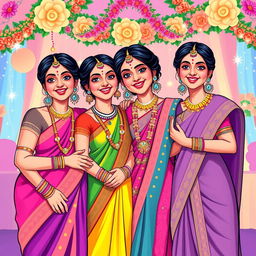 A vibrant graphic illustration depicting the sisters of the bride, dressed in colorful traditional outfits that complement the wedding theme