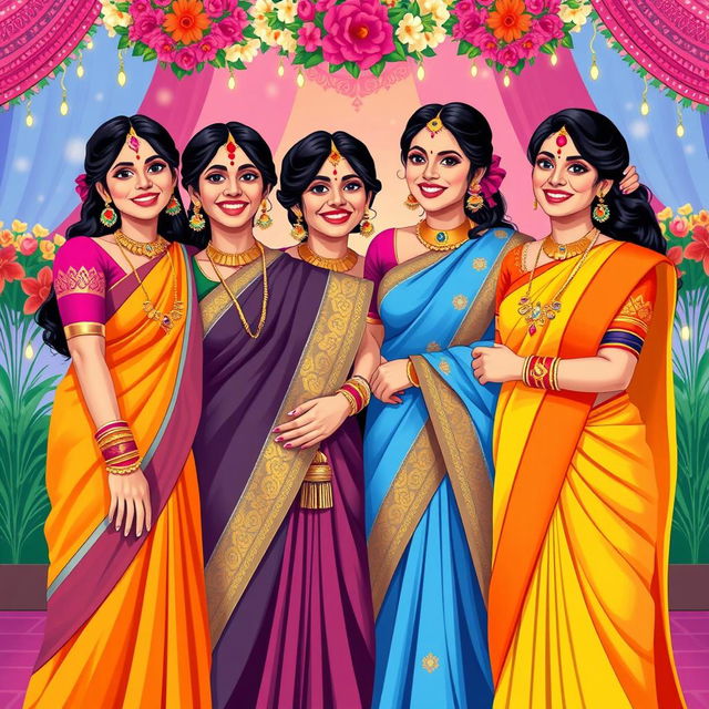 A vibrant graphic illustration depicting the sisters of the bride, dressed in colorful traditional outfits that complement the wedding theme