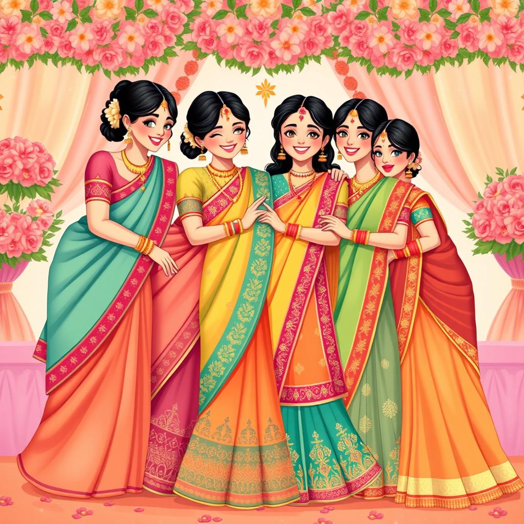 A charming illustration depicting the Indian sisters of the bride, each in beautifully designed traditional attire, embodying elegance and joy