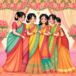 A charming illustration depicting the Indian sisters of the bride, each in beautifully designed traditional attire, embodying elegance and joy