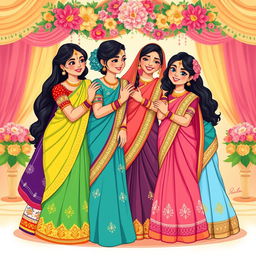 A charming illustration depicting the Indian sisters of the bride, each in beautifully designed traditional attire, embodying elegance and joy