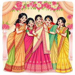 A charming illustration depicting the Indian sisters of the bride, each in beautifully designed traditional attire, embodying elegance and joy