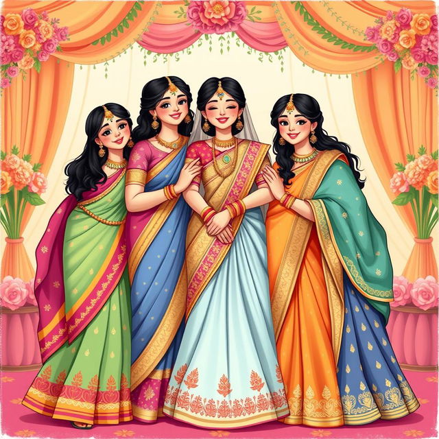 A charming illustration depicting the Indian sisters of the bride, each in beautifully designed traditional attire, embodying elegance and joy