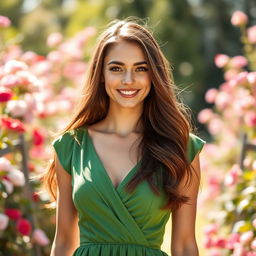 A portrait of a confident, beautiful woman in her twenties, with long flowing brunette hair, wearing an elegant green dress that complements her figure