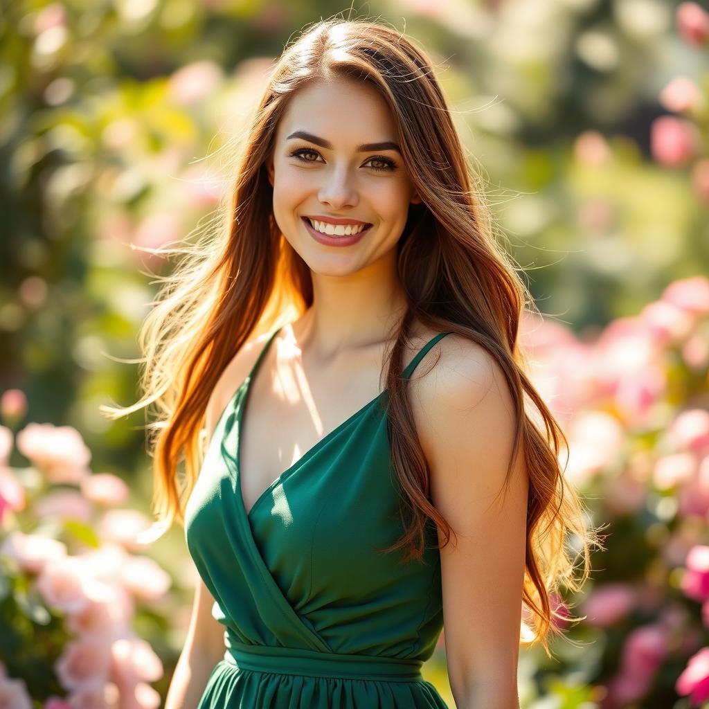 A portrait of a confident, beautiful woman in her twenties, with long flowing brunette hair, wearing an elegant green dress that complements her figure