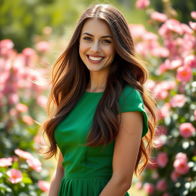 A portrait of a confident, beautiful woman in her twenties, with long flowing brunette hair, wearing an elegant green dress that complements her figure