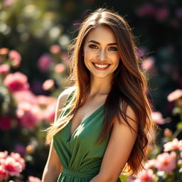 A portrait of a confident, beautiful woman in her twenties, with long flowing brunette hair, wearing an elegant green dress that complements her figure