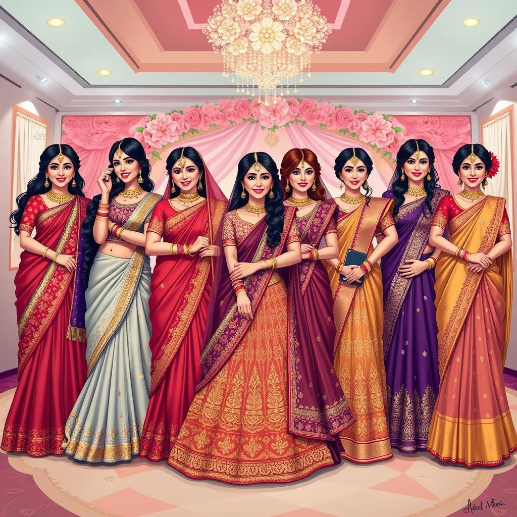 A vibrant illustration showcasing a group of elegantly dressed Indian women in traditional sarees, standing together in a festive setting