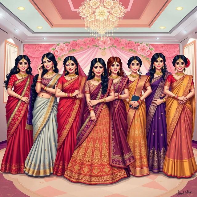 A vibrant illustration showcasing a group of elegantly dressed Indian women in traditional sarees, standing together in a festive setting