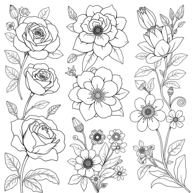 A beautiful collection of intricate flowers designed for coloring pages, showcasing various types such as roses, tulips, and daisies