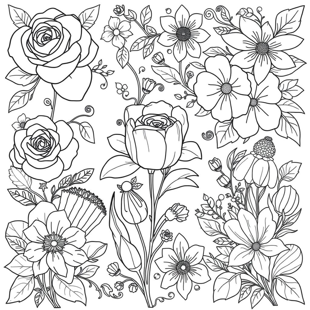 A beautiful collection of intricate flowers designed for coloring pages, showcasing various types such as roses, tulips, and daisies