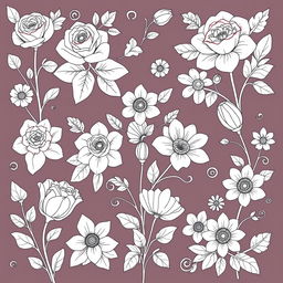 A beautiful collection of intricate flowers designed for coloring pages, showcasing various types such as roses, tulips, and daisies