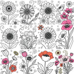 A series of delightful coloring pages featuring an array of colorful flowers, including sunflowers, roses, tulips, and poppies, each intricately illustrated with bold outlines designed specifically for coloring