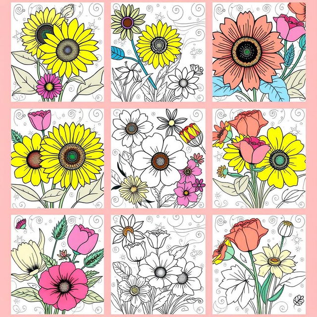 A series of delightful coloring pages featuring an array of colorful flowers, including sunflowers, roses, tulips, and poppies, each intricately illustrated with bold outlines designed specifically for coloring