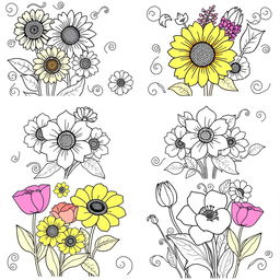 A series of delightful coloring pages featuring an array of colorful flowers, including sunflowers, roses, tulips, and poppies, each intricately illustrated with bold outlines designed specifically for coloring